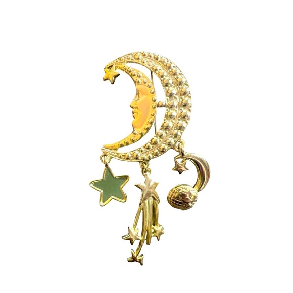 Man in the Moon Crescent Shape Dangling Stars Comet Earth Brooch Pin Gold Tone - Picture 5 of 8